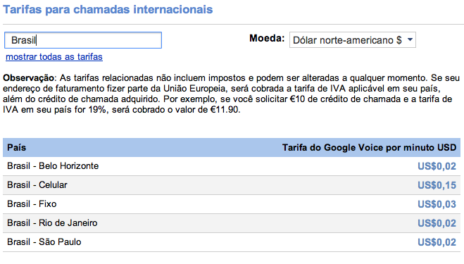 Preços do Google Voice no Brasil Preços Google Voice