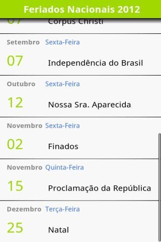 Aplicativo com o calendário de feriados de 2012 Calendário de Feriados de 2012